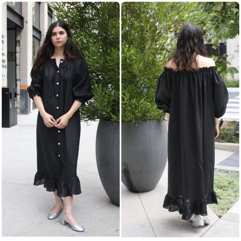 New! Sleeper Caviar Ruffled Off-Shoulder Black Button Front Midi Dress 🖤 OS - Picture 4 of 16